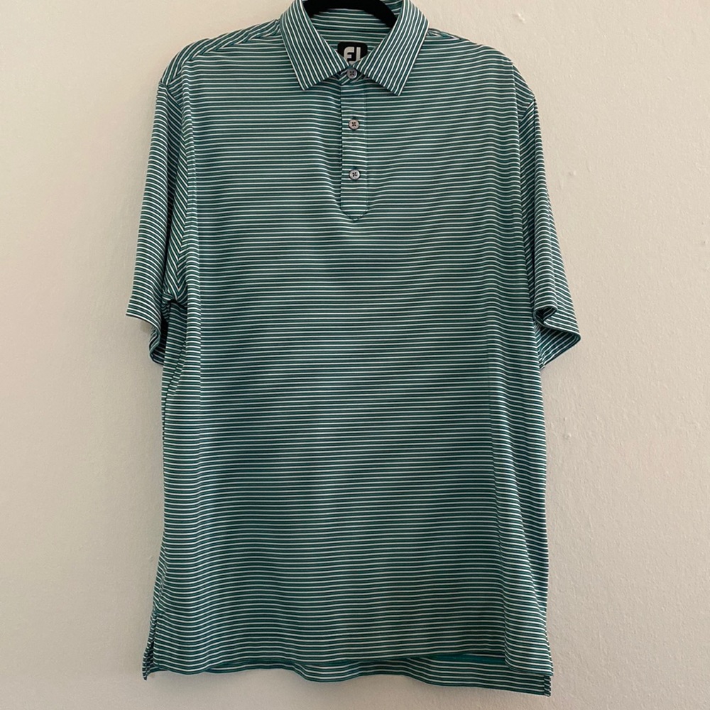 Footjoy Green Lisle Feeder Stripe Self Collar Shirt size Large